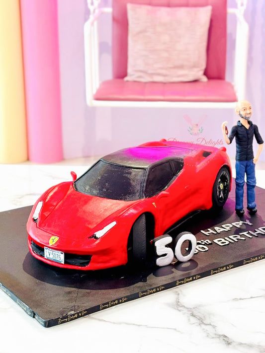 Realistic Ferrari car cake for men birthday with custom age detail and luxury design in Dubai