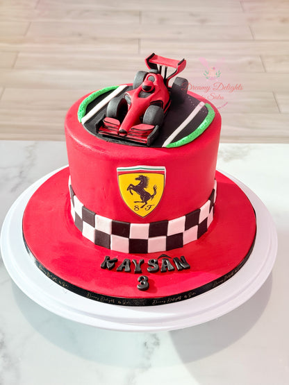 Ferrari racing cake with red buttercream, race car topper and checkered design, custom birthday cake for him in Dubai