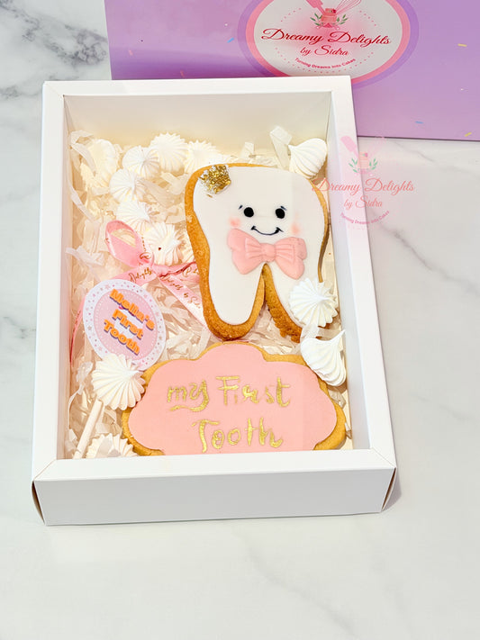 First Tooth Cookie Kit for girls with cute tooth design, pink bow and golden crown