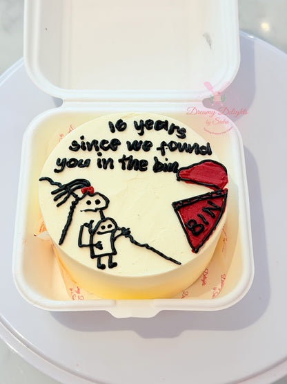 Funny dustbin themed bento cake with custom hand-piped illustration and personalized humorous message in Dubai.
