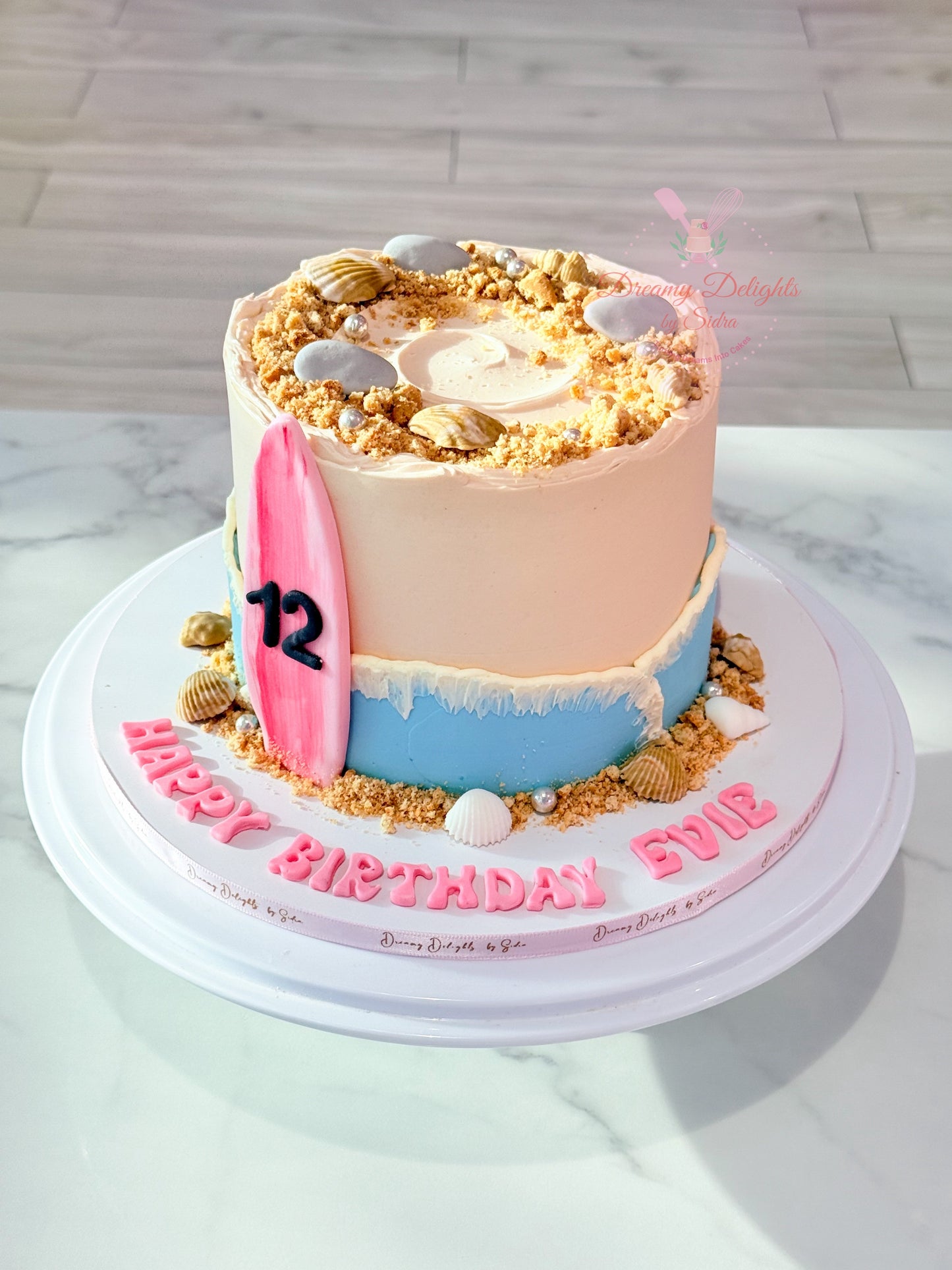 Girls birthday cake beach theme surfboard design, kids cake for girl Dubai custom celebration cake