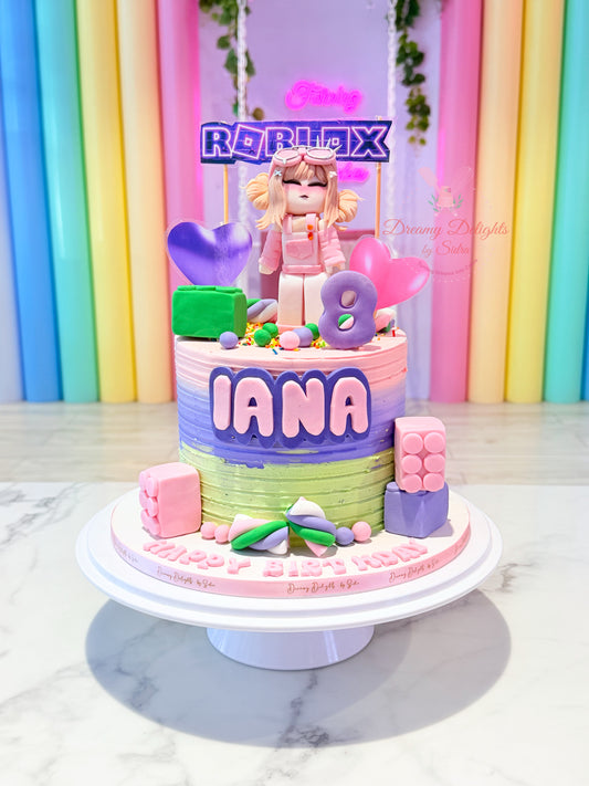 Girly Roblox birthday cake Dubai with pastel frosting, cute character topper, hearts and personalised name by Dreamy Delights by Sidra.