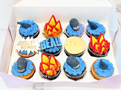 Godzilla Theme Cupcakes Dubai with monster decorations, customized kids birthday cupcakes, and premium handmade cupcake designs.