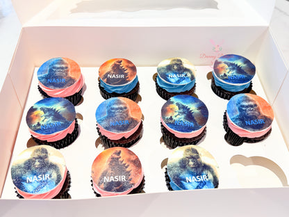 Godzilla themed cupcakes with edible printed toppers and custom name design for kids birthday in Dubai