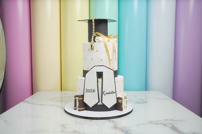 Elegant Graduation 2026 cake with graduation cap, diploma scroll, tassel, and personalized graduation decorations for graduation celebrations.