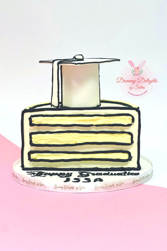 Colorful comic-themed graduation cake in Dubai for nursery or KG school leavers celebration
