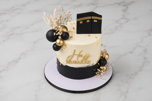 Luxury Hajj Mubarak Cake with Kaaba themed decoration for Eid Al Adha celebrations in Dubai
