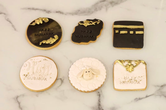 Luxury Hajj Mubarak cookies with elegant gold Islamic themed decoration for Eid Al Adha celebrations in Dubai