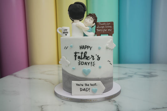 Happy Father's Day Cake with father and child topper, custom Father's Day cake design for Father's Day 2026 celebrations in Dubai