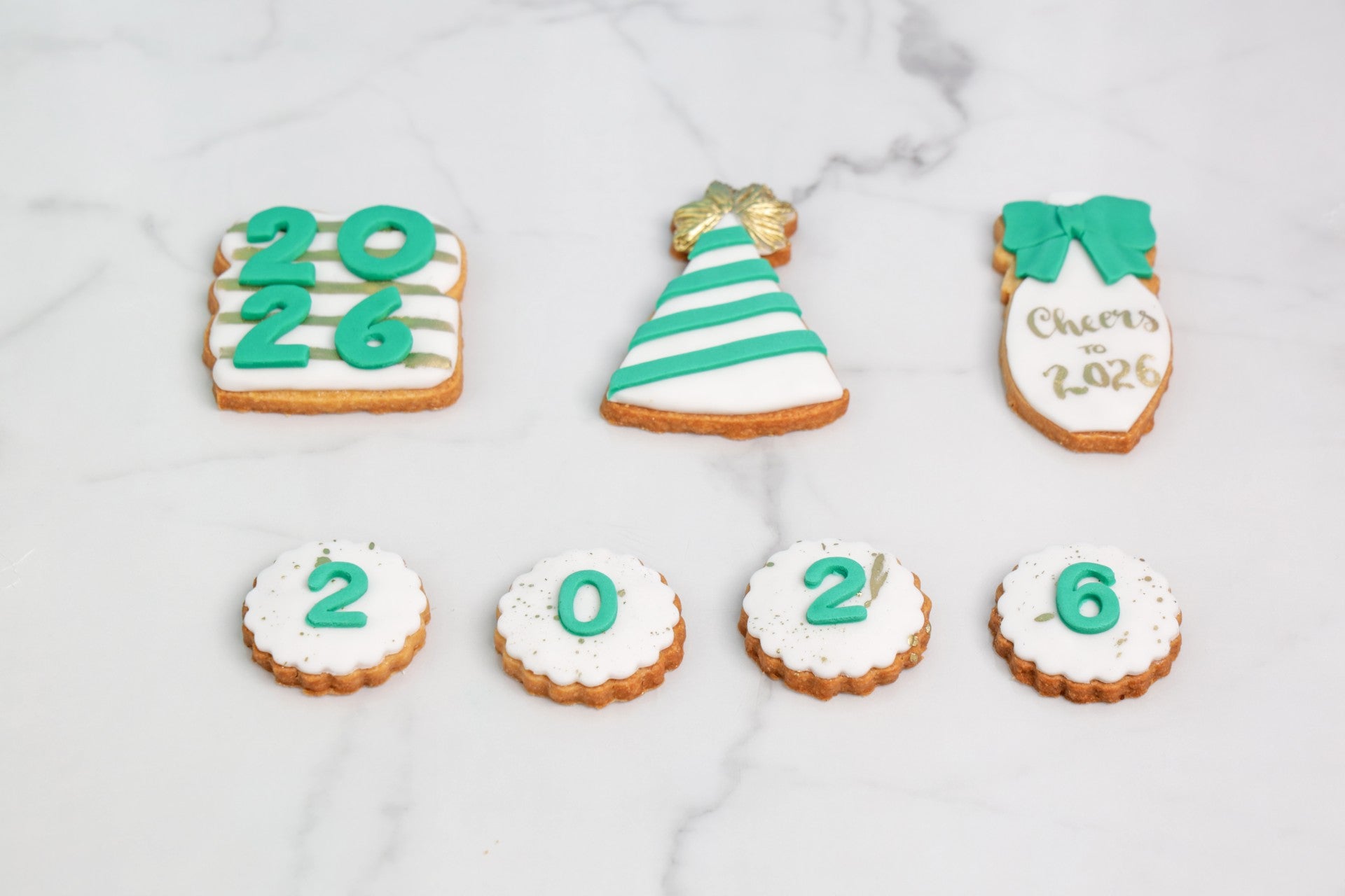 Happy New Year 2026 cookies set of 6 with assorted festive designs by Dreamy Delight by Sidra