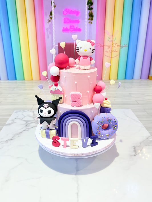 Hello Kitty Kuromi birthday cake for girls with pastel fondant design in Dubai