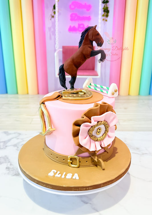 Decorative cake with a horse figure on top, set against a colorful background.