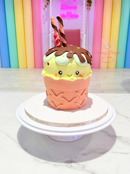 Cute ice cream birthday cake with smiling face and chocolate drip, customized kids birthday cake for girls in Dubai