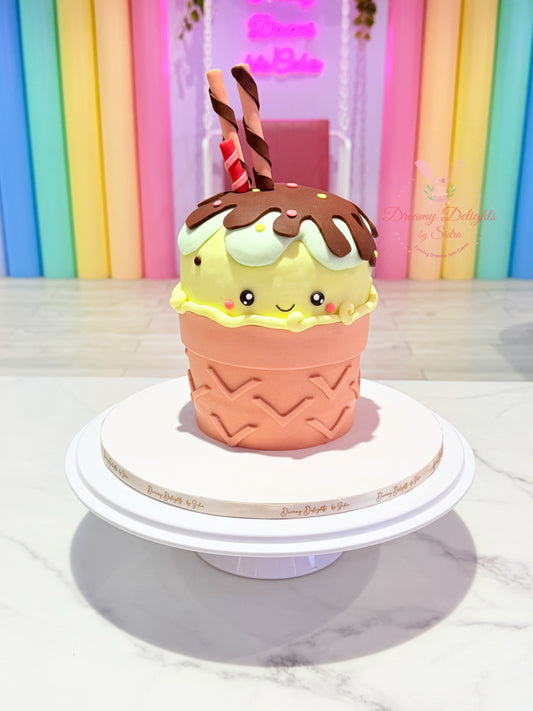 Cute ice cream birthday cake with smiling face and chocolate drip, customized kids birthday cake for girls in Dubai