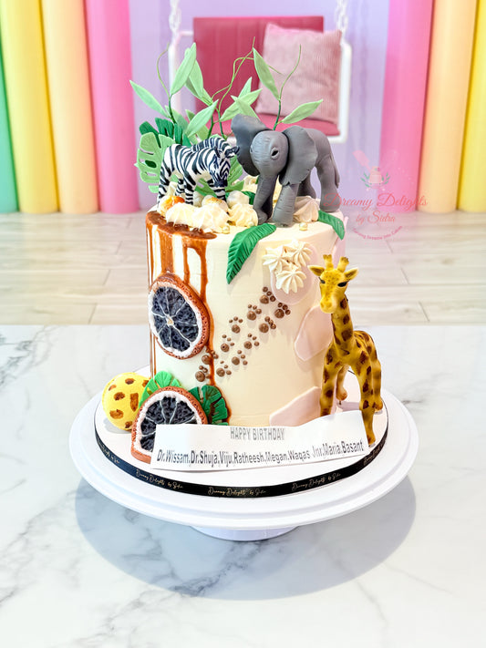 Decorative cake with animal figurines on a colorful background