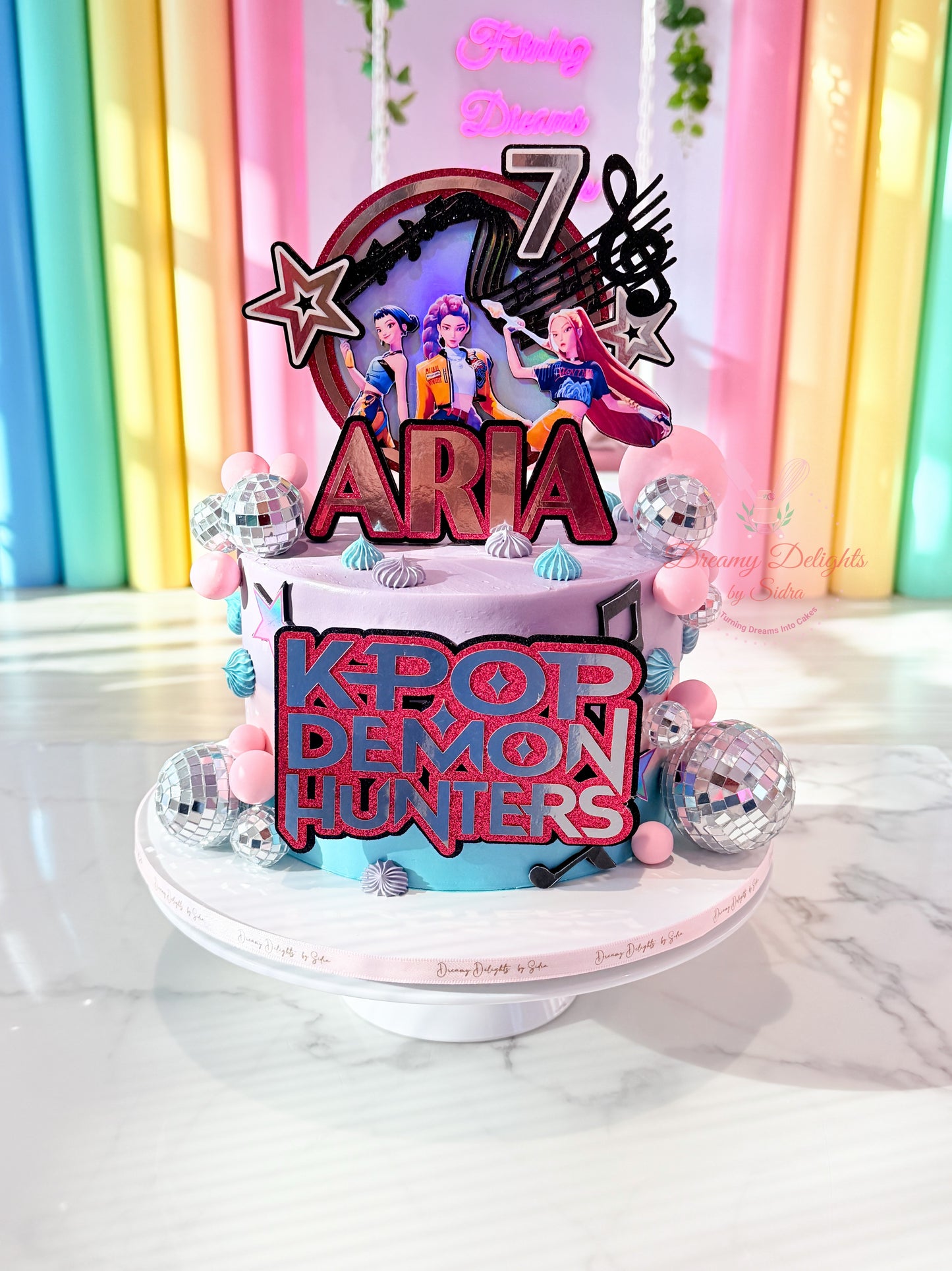 KPop Demon Hunters birthday cake for girls with custom name age toppers in Dubai