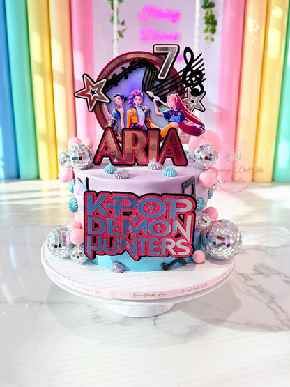 KPop Demon Hunters birthday cake for girls with custom name age toppers in Dubai
