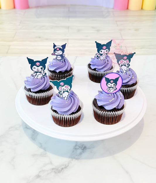 Kuromi themed cupcakes with purple buttercream frosting and Sanrio character toppers for birthday parties in Dubai.