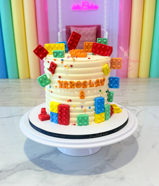 Birthday cake with colorful lego-like blocks