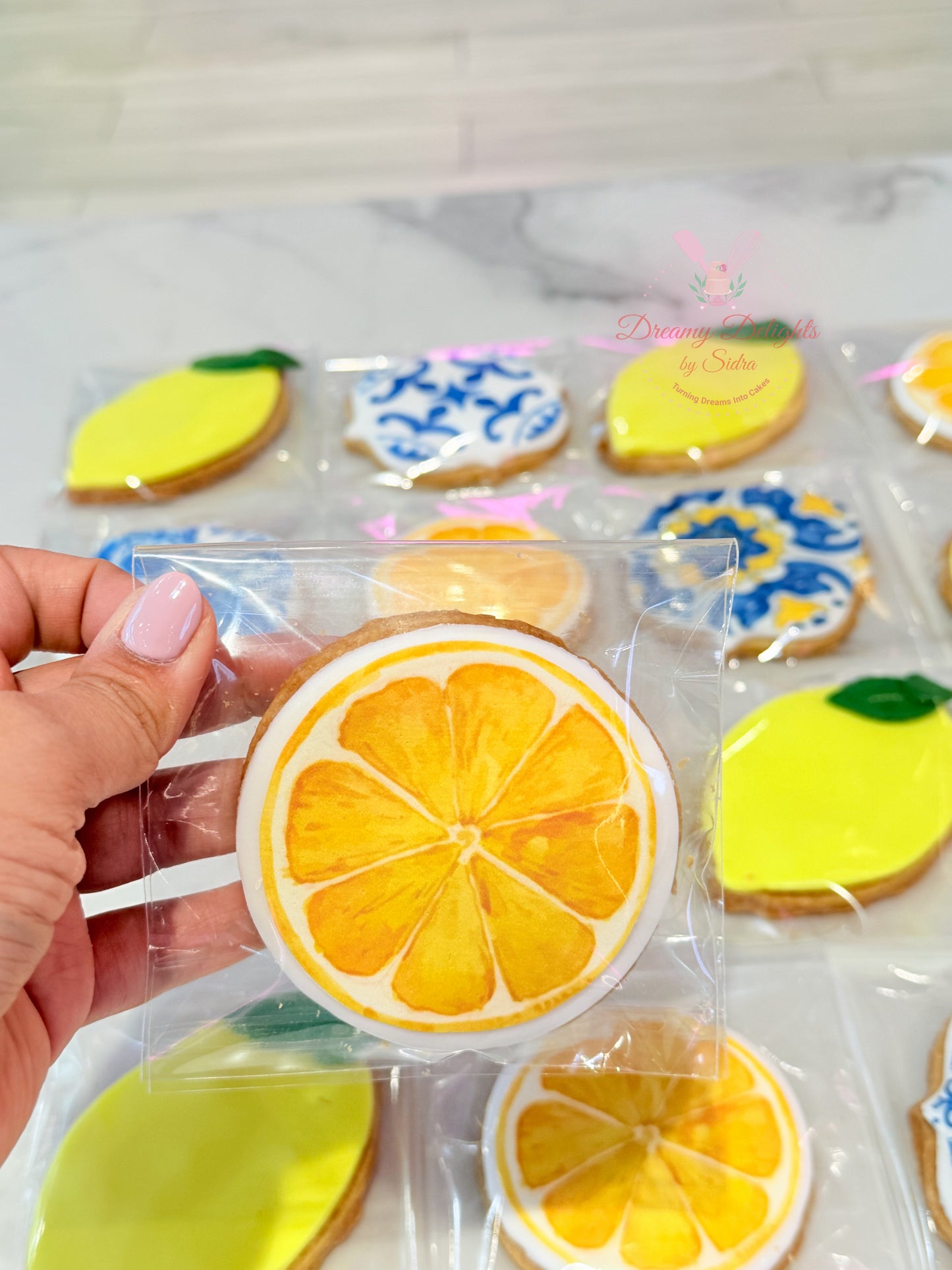 Lemon Tile Cookies with citrus slice and Mediterranean tile design for dessert tables and events in Dubai