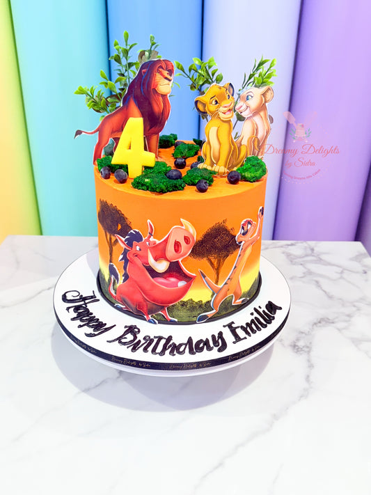 Birthday cake with animated character design on a colorful background