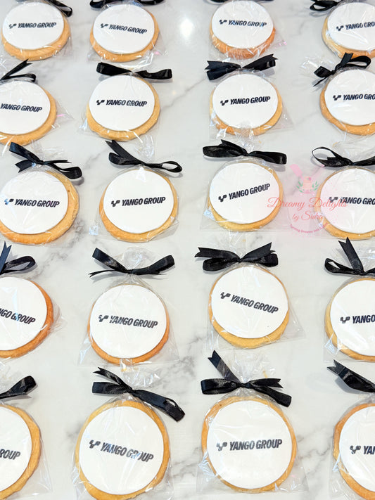 Custom logo cookies for corporate events and branded gifting in Dubai
