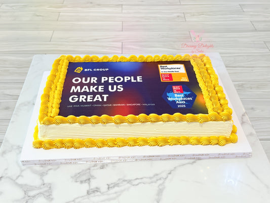 Logo sheet cake with edible brand print and buttercream border