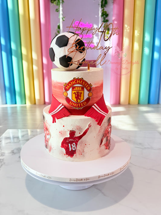 Manchester United football birthday cake for men with football, scarf and personalised topper in Dubai