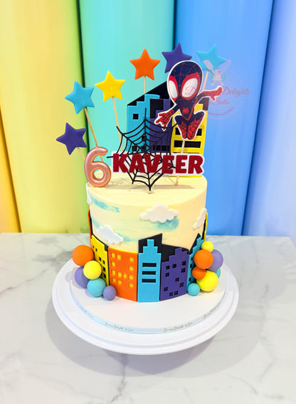 Miles Morales Spiderman theme birthday cake with city skyline and superhero topper for boys birthday party in Dubai