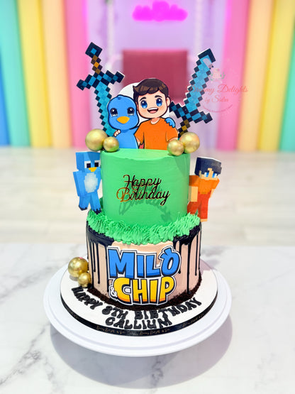 Milo and Chip kids birthday cake with cartoon adventure theme
