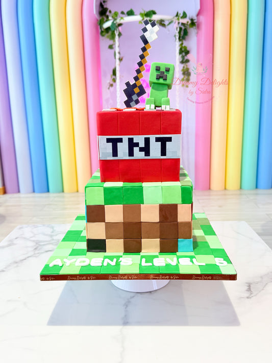 Minecraft themed birthday cake for boys with TNT block and Creeper design Dubai