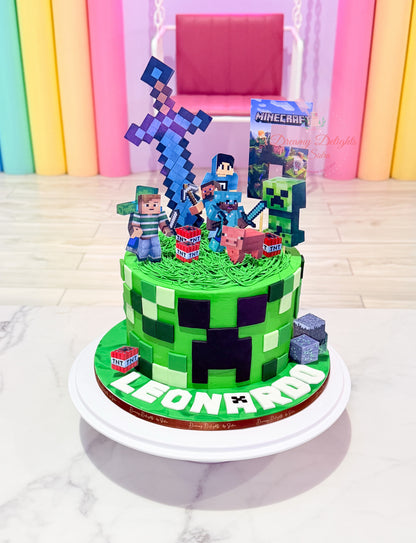 Minecraft birthday cake with pixel fondant design, TNT blocks, and gaming character toppers for boys celebrations in Dubai