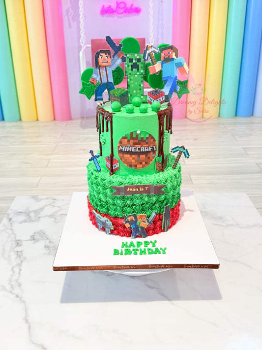 Minecraft cake for boys Dubai with Creeper, Steve, gaming tools and green buttercream by Dreamy Delights by Sidra