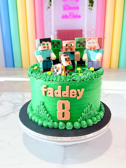 Minecraft theme birthday cake for boys with fondant characters gaming cake Dubai