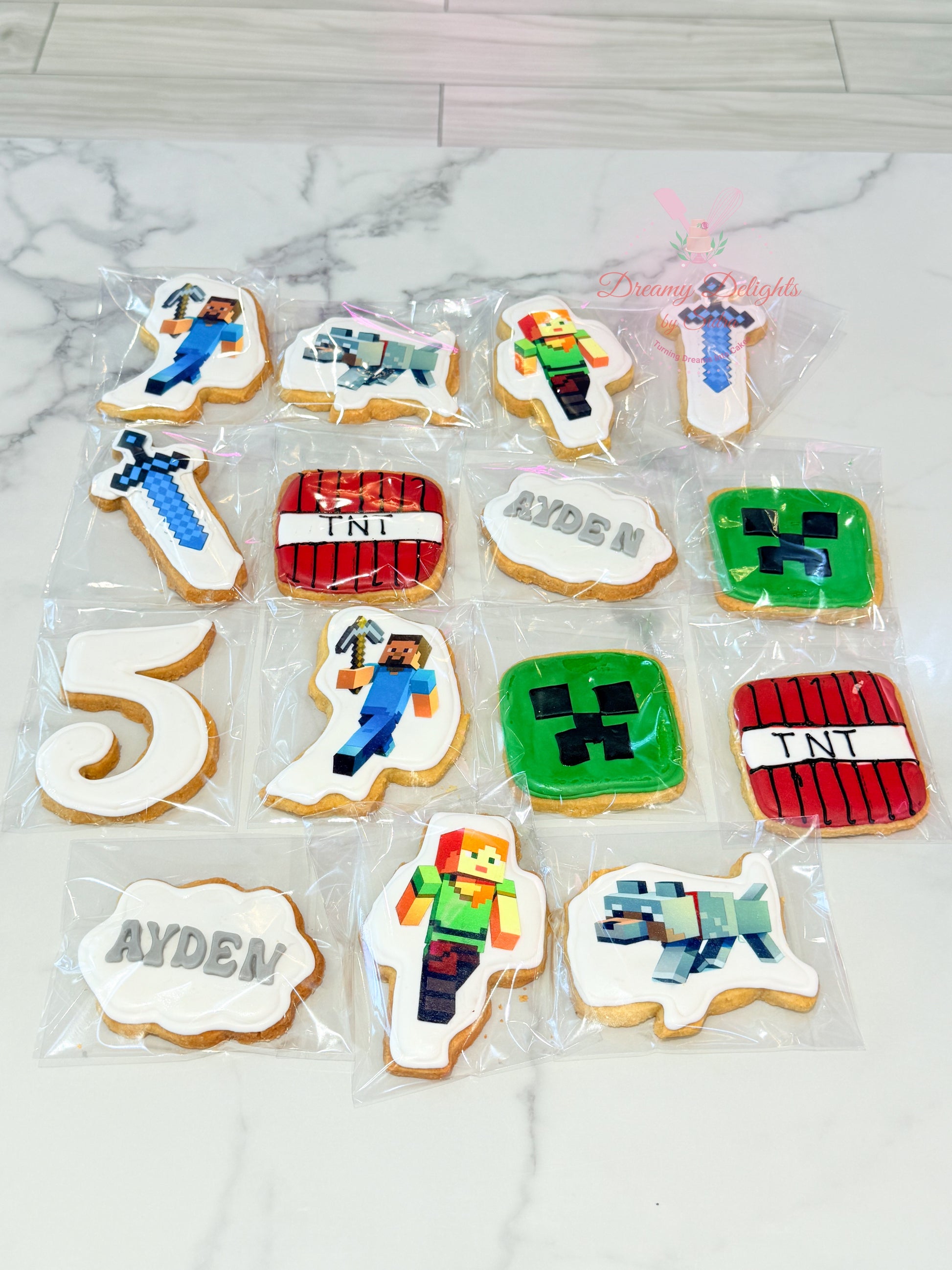 Minecraft themed cookies with creeper and TNT designs for kids birthday party Dubai