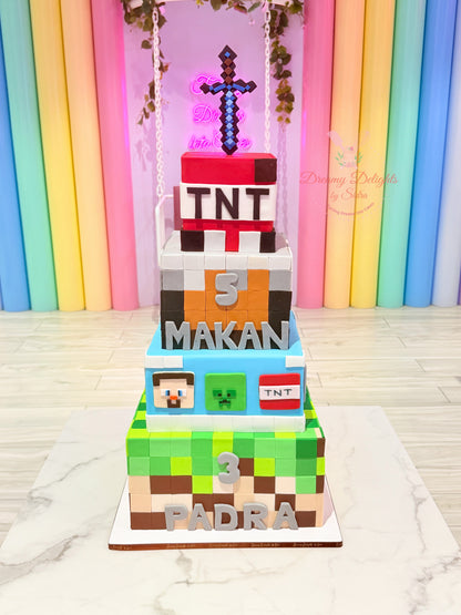 Minecraft TNT Cake with pixelated blocks, TNT decorations, sword topper and personalised names in Dubai