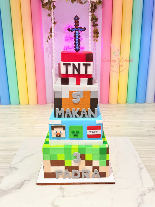 Minecraft TNT Cake with pixelated blocks, TNT decorations, sword topper and personalised names in Dubai
