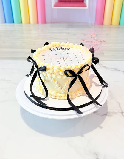 Minimal calendar burnaway cake with black ribbon accents and highlighted date for men birthday in Dubai
