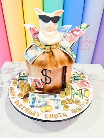Birthday cake with a bottle, money, and a cat figurine against a colorful background
