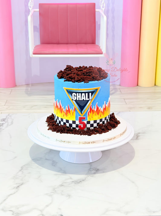 Monster Truck Birthday Cake Dubai for boys featuring racing theme design, flames decoration, and customized kids birthday cake style.