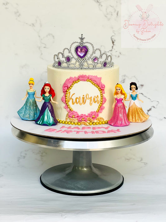 Princess cake with multiple princess characters for a kids birthday in Dubai