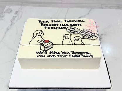 Office farewell cake Dubai with funny workplace illustration and personalised goodbye message by Dreamy Delights by Sidra.