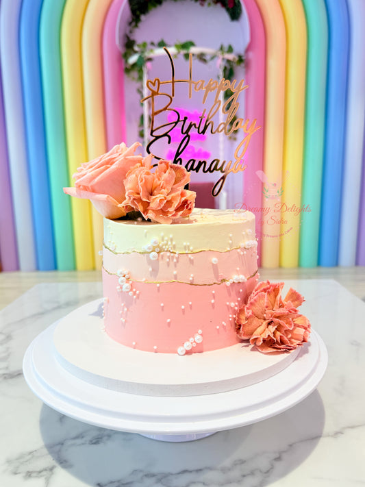 Pastel-colored birthday cake with flowers and a 'Happy Birthday' topper against a rainbow arch background.