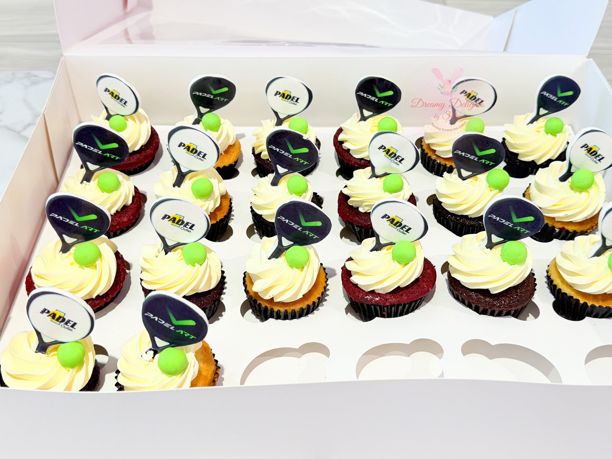 Padel themed cupcakes with racket toppers sports themed cupcakes Dubai