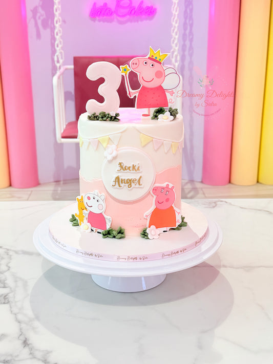 Peppa Pig Cake with pastel design and cartoon toppers for girls birthday celebrations in Dubai