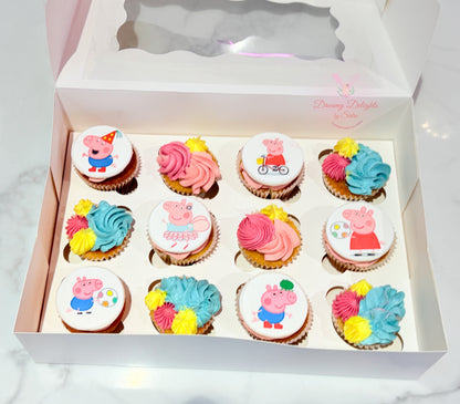 Peppa Pig Cupcakes with cartoon toppers and colorful buttercream for girls birthday parties in Dubai