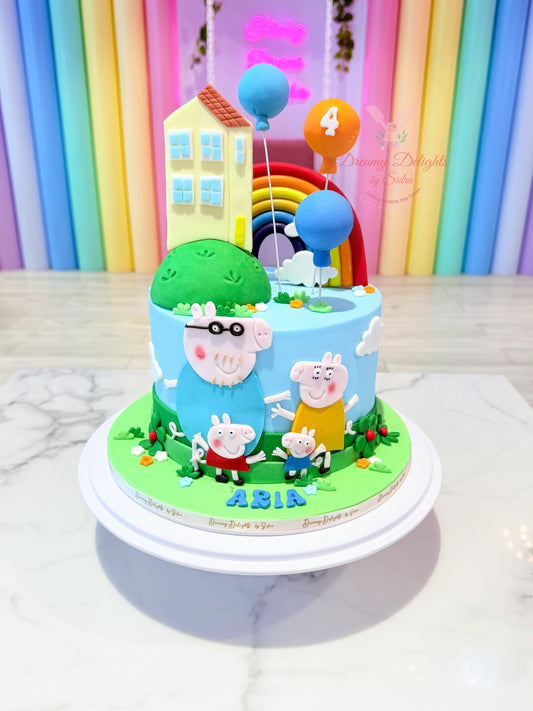 Peppa Pig rainbow birthday cake for girls with fondant design in Dubai