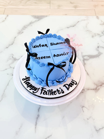Personalized Father’s Day Cake Dubai with kids names, blue ribbon design, and customized handmade cake for dad celebrations.