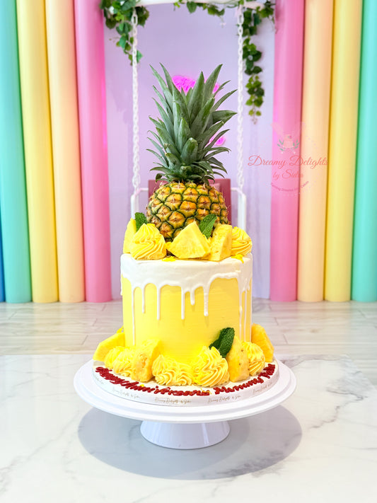 Decorative cake with pineapple and flowers on a stand against a colorful curtain background