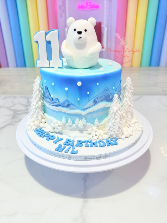 Polar bear winter theme birthday cake for girls with snow design in Dubai